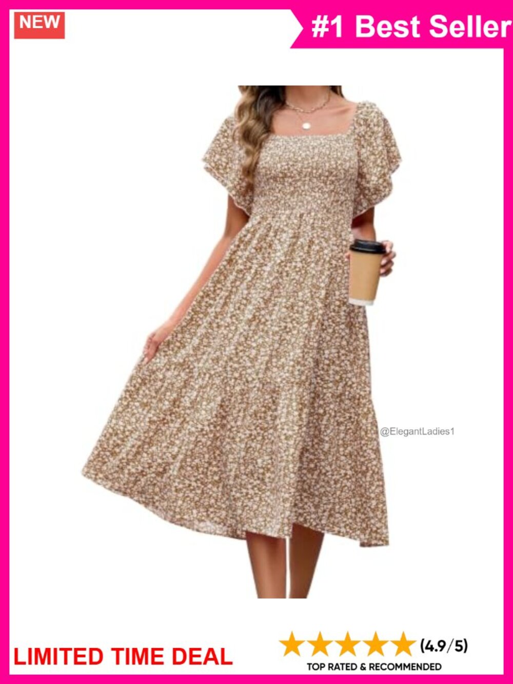 Floral Midi Dress Square Neck Short Sleeve Smocked Boho Beach Sundress